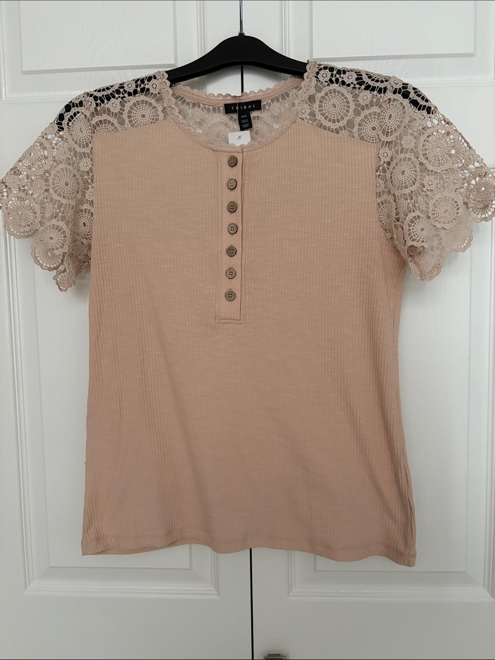 Tribal Creamy BlushCrochet Sleeve Henley Top
